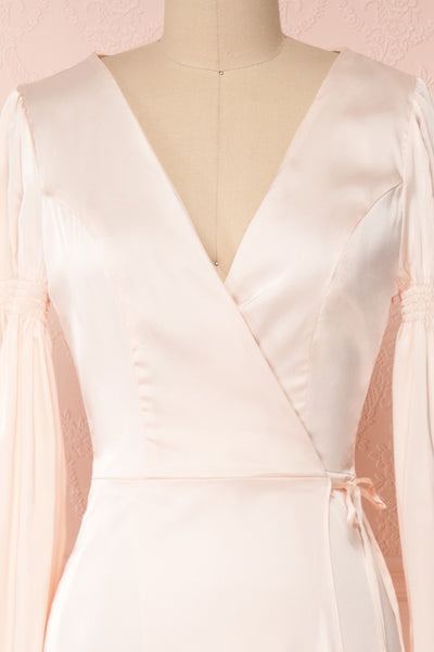 Velatura Pink Satin Wrap Dress | Robe Maxi | Boudoir 1861 front close-up