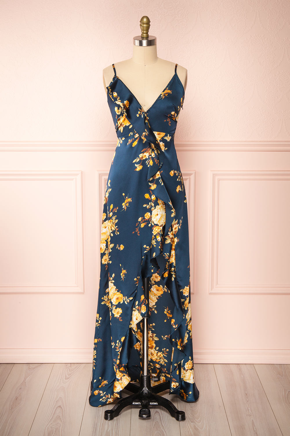 Veleda Navy Blue Floral Maxi Dress w/ Ruffles | Boutique 1861 front view 