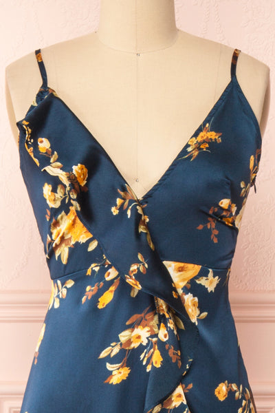Veleda Navy Blue Floral Maxi Dress w/ Ruffles | Boutique 1861 front close-up