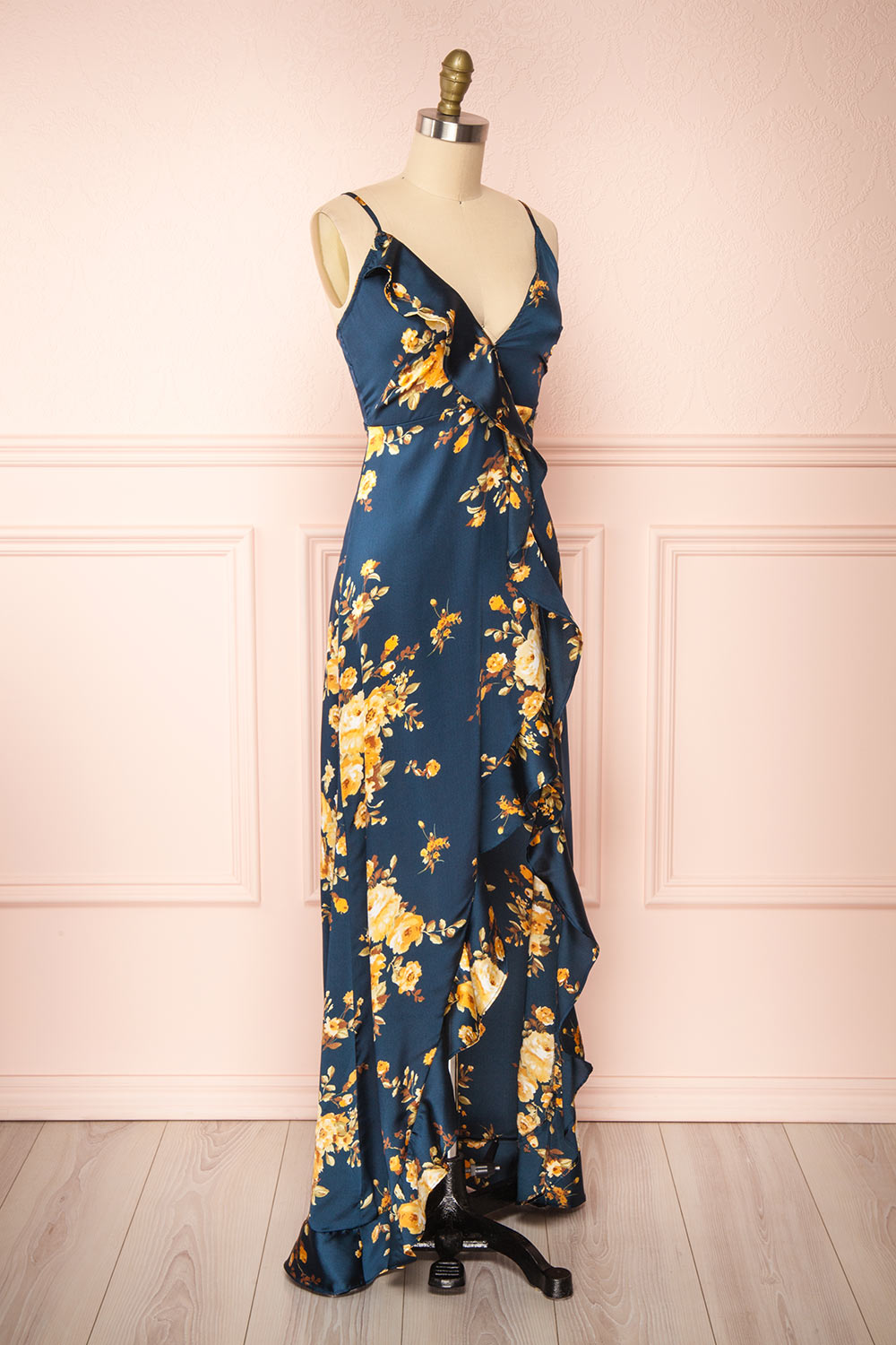 Veleda Navy Blue Floral Maxi Dress w/ Ruffles | Boutique 1861 side view 