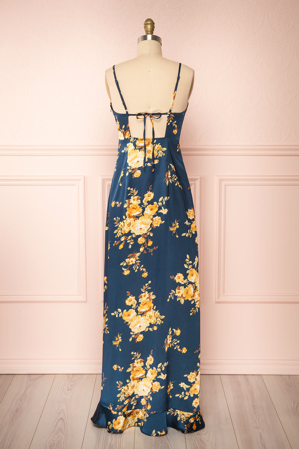 Veleda Navy Blue Floral Maxi Dress w/ Ruffles | Boutique 1861 back view 