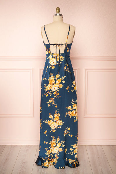 Veleda Navy Blue Floral Maxi Dress w/ Ruffles | Boutique 1861 back view