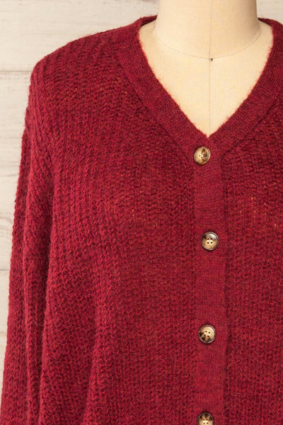 Velez Burgundy Knit Button-Up Cardigan | La petite garçonne front close-up