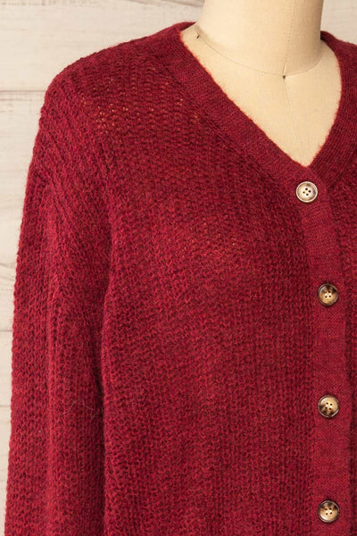Velez Burgundy Knit Button-Up Cardigan | La petite garçonne side close-up