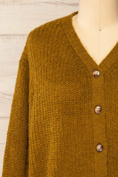 Velez Chartreuse Knit Button-Up Cardigan | La petite garçonne front close-up