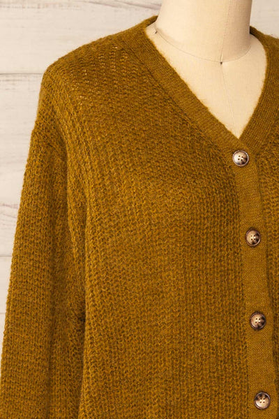 Velez Chartreuse Knit Button-Up Cardigan | La petite garçonne side close-up