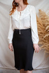 Velma White Long Sleeve Peter Pan Collar Blouse | Boutique 1861 on model