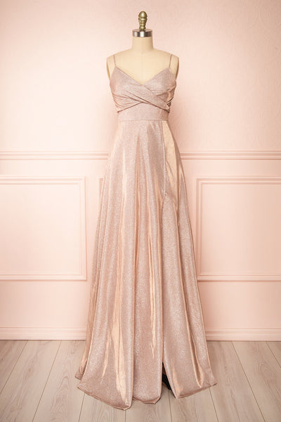 Velouette Shimmery Rose Gold Maxi Dress - Boutique 1861  front view