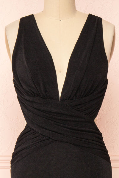 Verity Black V-Neck Fitted Maxi Dress | Boutique 1861 front close-up