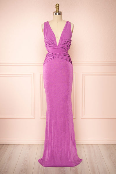 Verity Lilac V-Neck Fitted Maxi Dress | Boutique 1861 front view