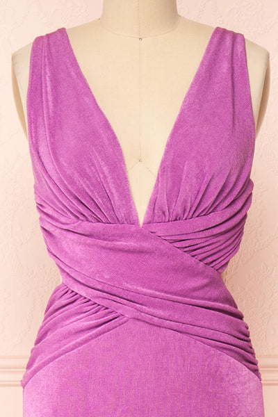 Verity Lilac V-Neck Fitted Maxi Dress | Boutique 1861 front close-up
