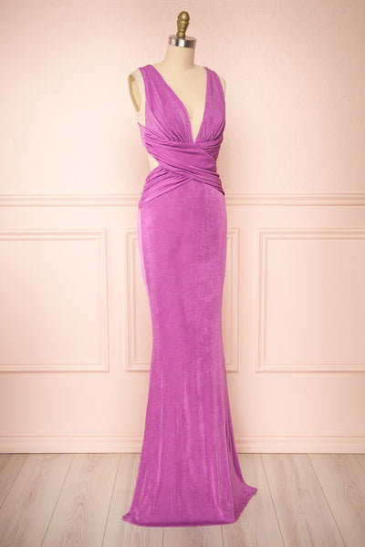Verity Lilac V-Neck Fitted Maxi Dress | Boutique 1861 side view