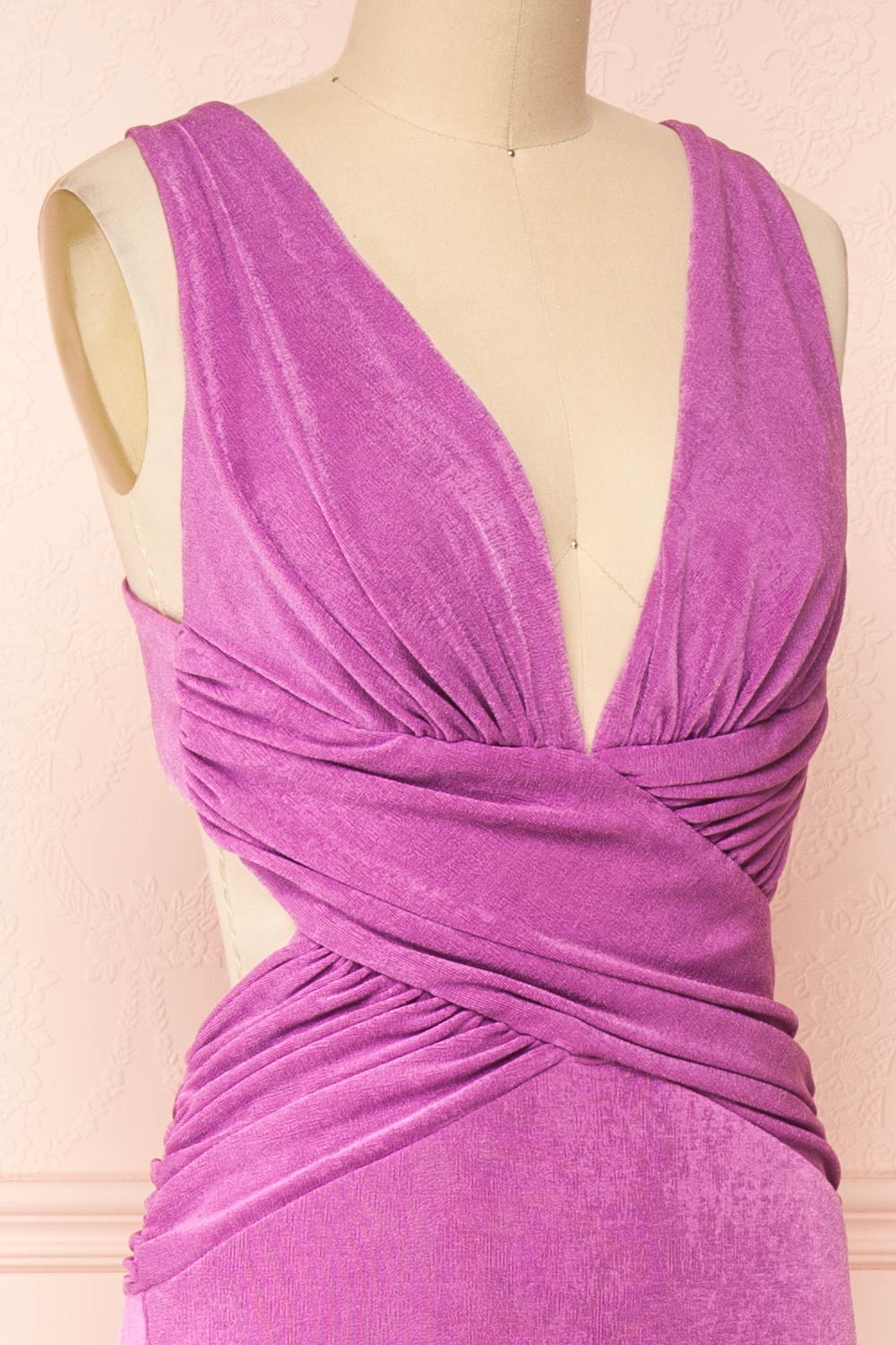 Verity Lilac V-Neck Fitted Maxi Dress | Boutique 1861 side close-up