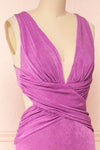 Verity Lilac V-Neck Fitted Maxi Dress | Boutique 1861 side close-up