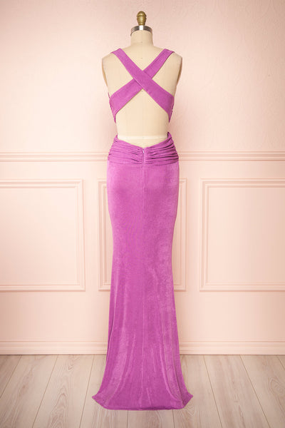 Verity Lilac V-Neck Fitted Maxi Dress | Boutique 1861 back view