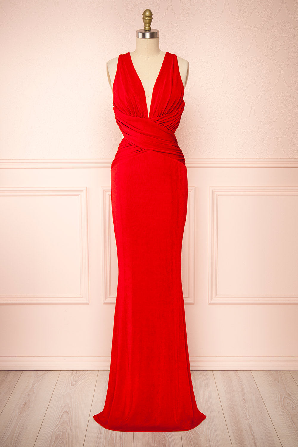 Verity Red V-Neck Fitted Maxi Dress | Boutique 1861 front view