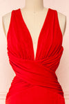 Verity Red V-Neck Fitted Maxi Dress | Boutique 1861 front close-up