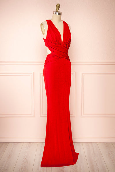 Verity Red V-Neck Fitted Maxi Dress | Boutique 1861 side view