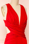 Verity Red V-Neck Fitted Maxi Dress | Boutique 1861 side close-up