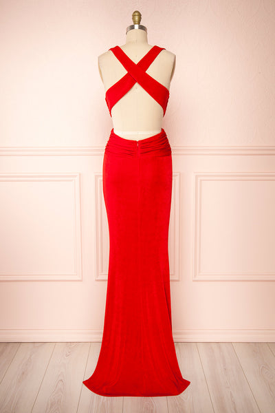 Verity Red V-Neck Fitted Maxi Dress | Boutique 1861 back view