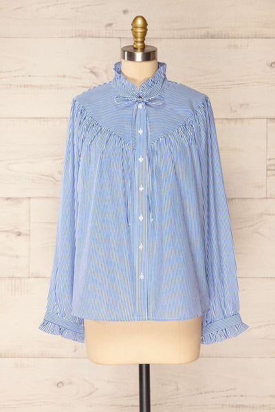 Vertue Blue Stripped Shirt w/ Ruffled Collar | La petite garçonne front view