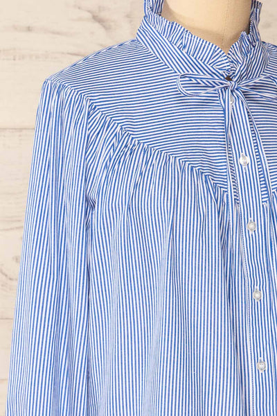 Vertue Blue Stripped Shirt w/ Ruffled Collar | La petite garçonne side close-up