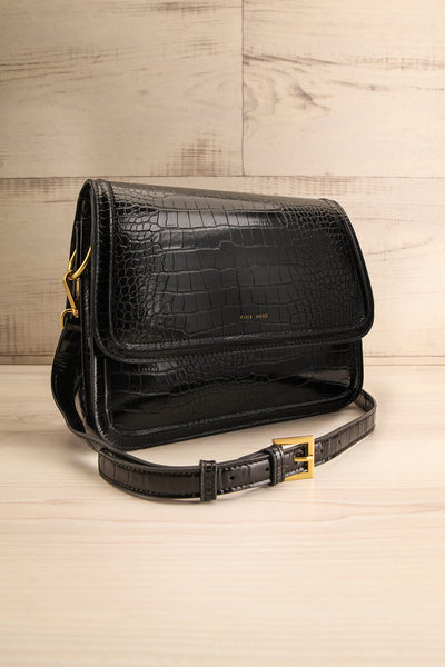 Victoria Black Vegan Textured Crossbody Handbag | La petite garçonne side view