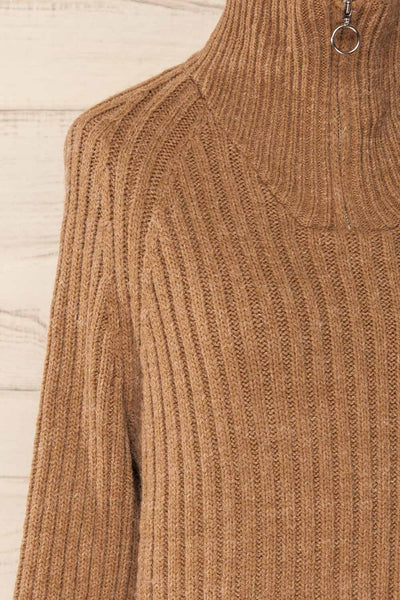 Villaggio Caramel Quarter-Zip Ribbed Knit Sweater | La petite garçonne side close-up