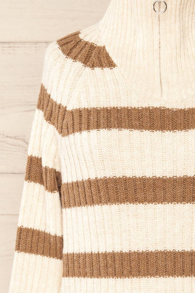 Villaggio Ivory Quarter-Zip Striped Ribbed Knit Sweater | La petite garçonne front close-up