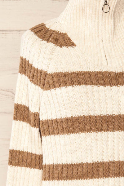 Villaggio Ivory Quarter-Zip Striped Ribbed Knit Sweater | La petite garçonne side close-up