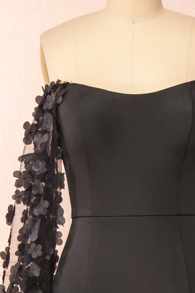 Villanelle Black Mermaid Gown w/ Puffy Sleeves | Boutique 1861 front close-up