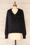 Vinitsa Black Fuzzy V-Neck Sweater | La petite garçonne front view