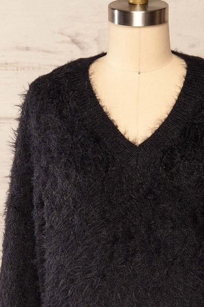 Vinitsa Black Fuzzy V-Neck Sweater | La petite garçonne front close up