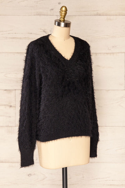 Vinitsa Black Fuzzy V-Neck Sweater | La petite garçonne side view