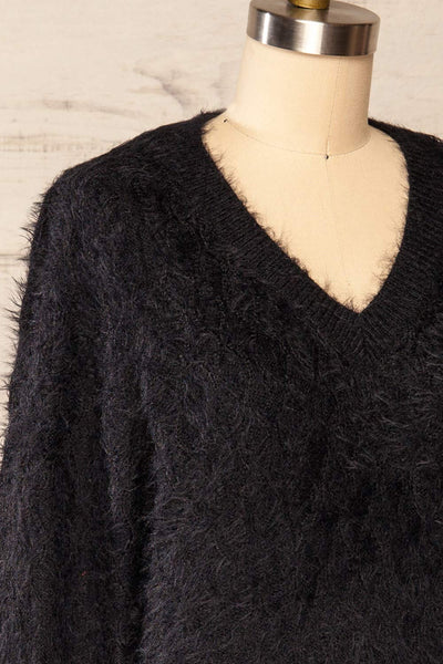 Vinitsa Black Fuzzy V-Neck Sweater | La petite garçonne side close up