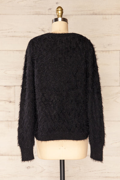 Vinitsa Black Fuzzy V-Neck Sweater | La petite garçonne back view