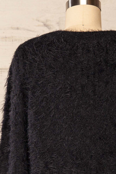 Vinitsa Black Fuzzy V-Neck Sweater | La petite garçonne back close up