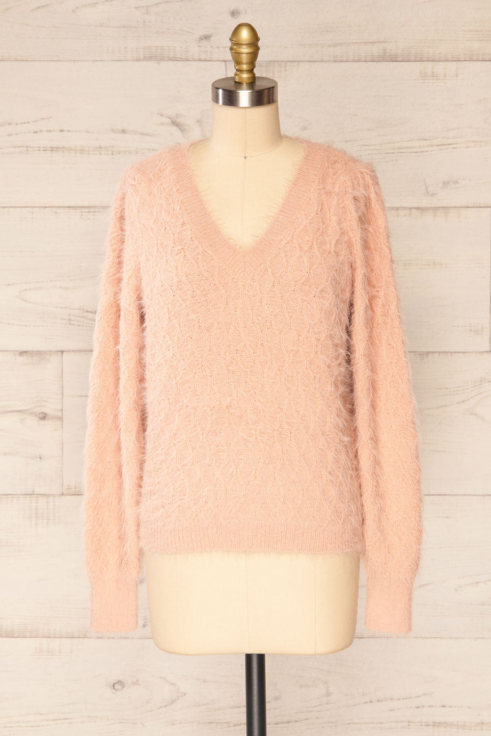 Vinitsa Blush Fuzzy V-Neck Sweater | La petite garçonne front view