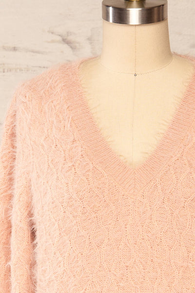 Vinitsa Blush Fuzzy V-Neck Sweater | La petite garçonne front close up