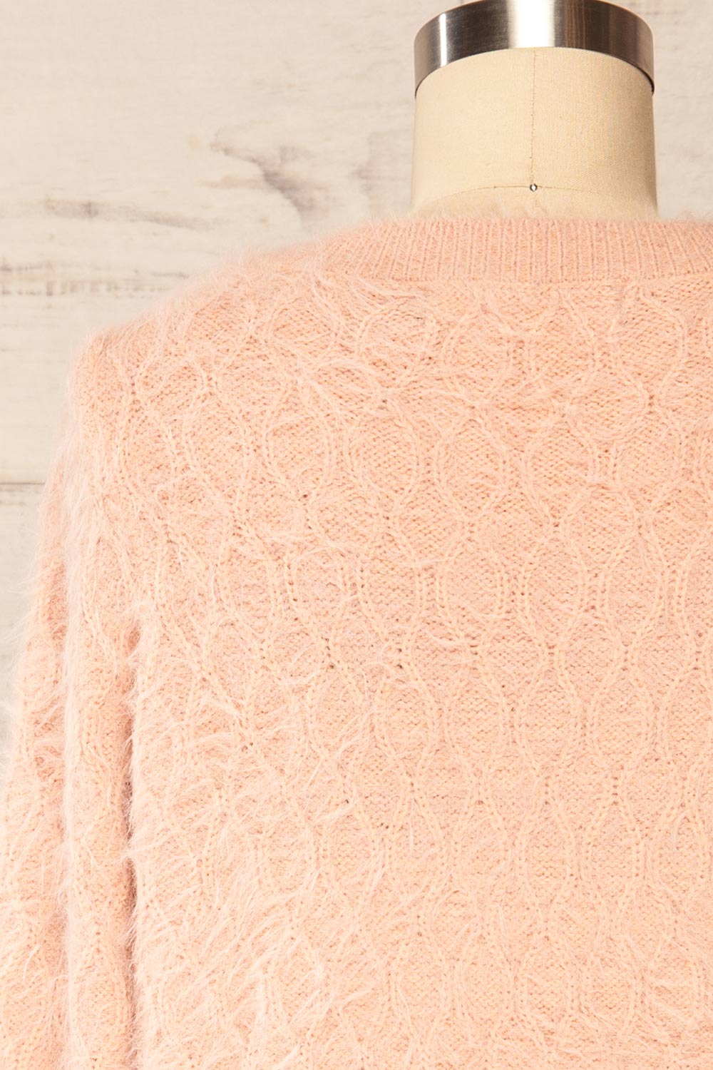 Vinitsa Blush Fuzzy V-Neck Sweater | La petite garçonne back close up