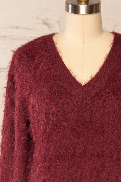 Vinitsa Burgundy Fuzzy V-Neck Sweater | La petite garçonne front close up