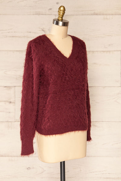 Vinitsa Burgundy Fuzzy V-Neck Sweater | La petite garçonne side view