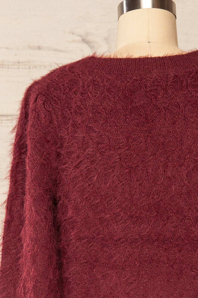 Vinitsa Burgundy Fuzzy V-Neck Sweater | La petite garçonne back close up