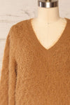 Vinitsa Caramel Fuzzy V-Neck Sweater | La petite garçonne front close-up