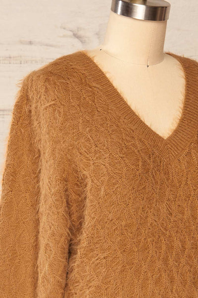 Vinitsa Caramel Fuzzy V-Neck Sweater | La petite garçonne side close-up