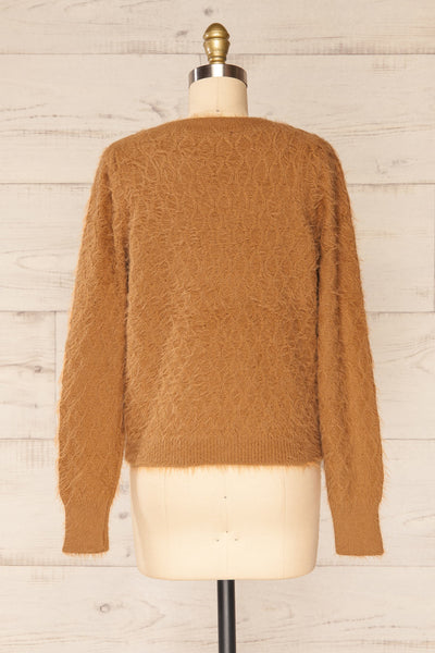 Vinitsa Caramel Fuzzy V-Neck Sweater | La petite garçonne back view