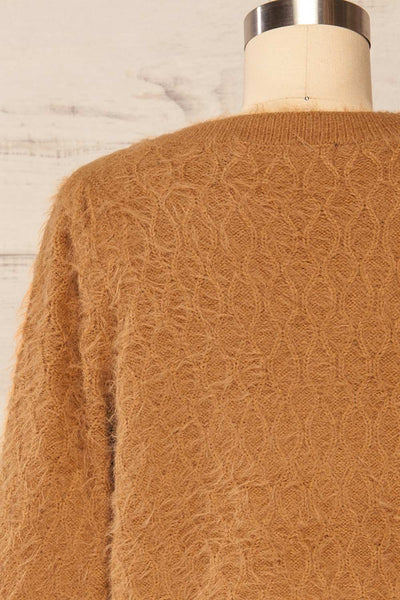Vinitsa Caramel Fuzzy V-Neck Sweater | La petite garçonne back close-up