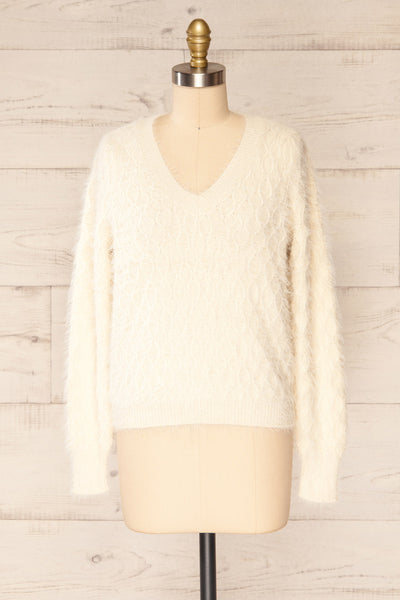 Vinitsa Cream Fuzzy V-Neck Sweater | La petite garçonne front view