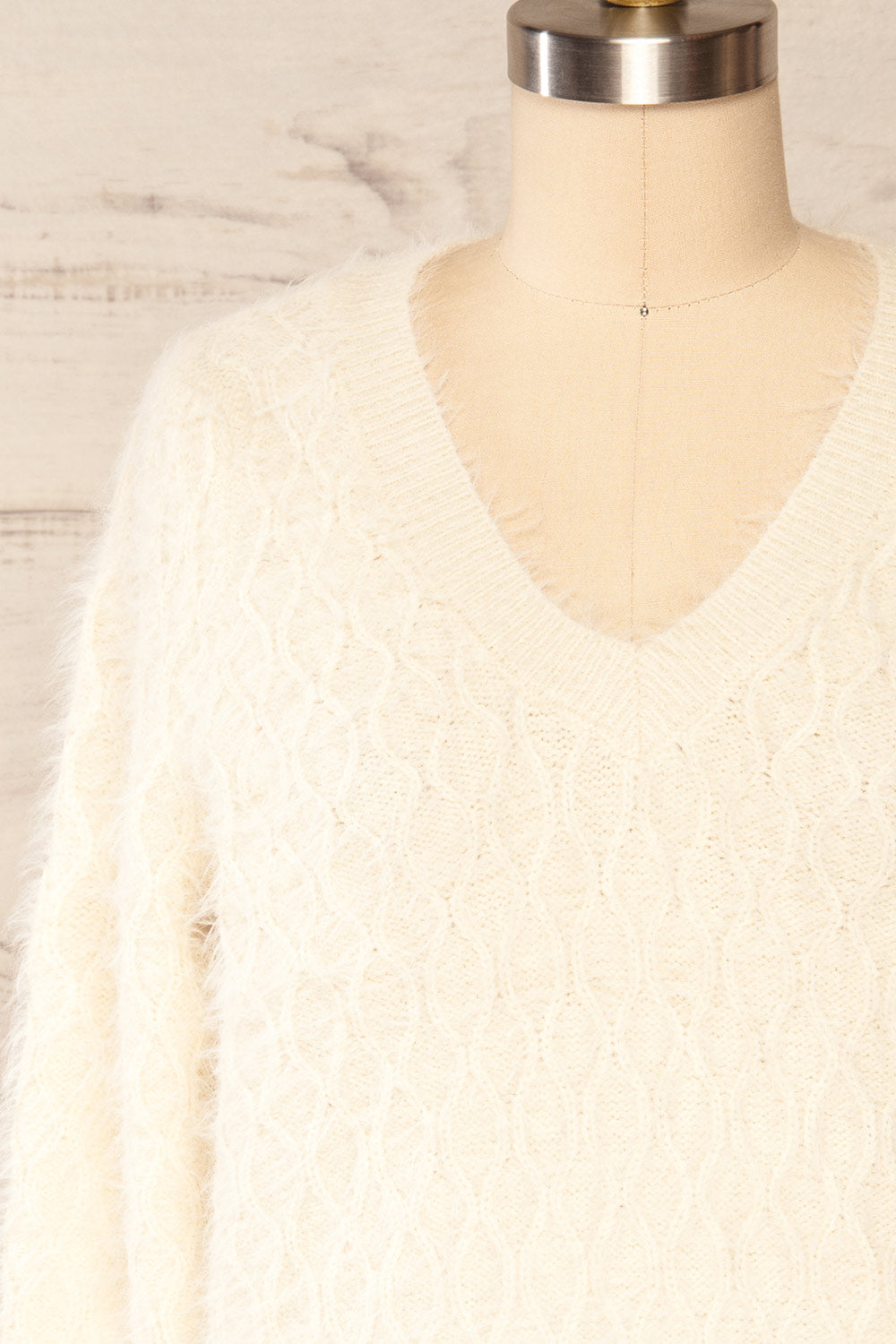 Vinitsa Cream Fuzzy V-Neck Sweater | La petite garçonne front close up