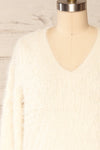 Vinitsa Cream Fuzzy V-Neck Sweater | La petite garçonne front close up